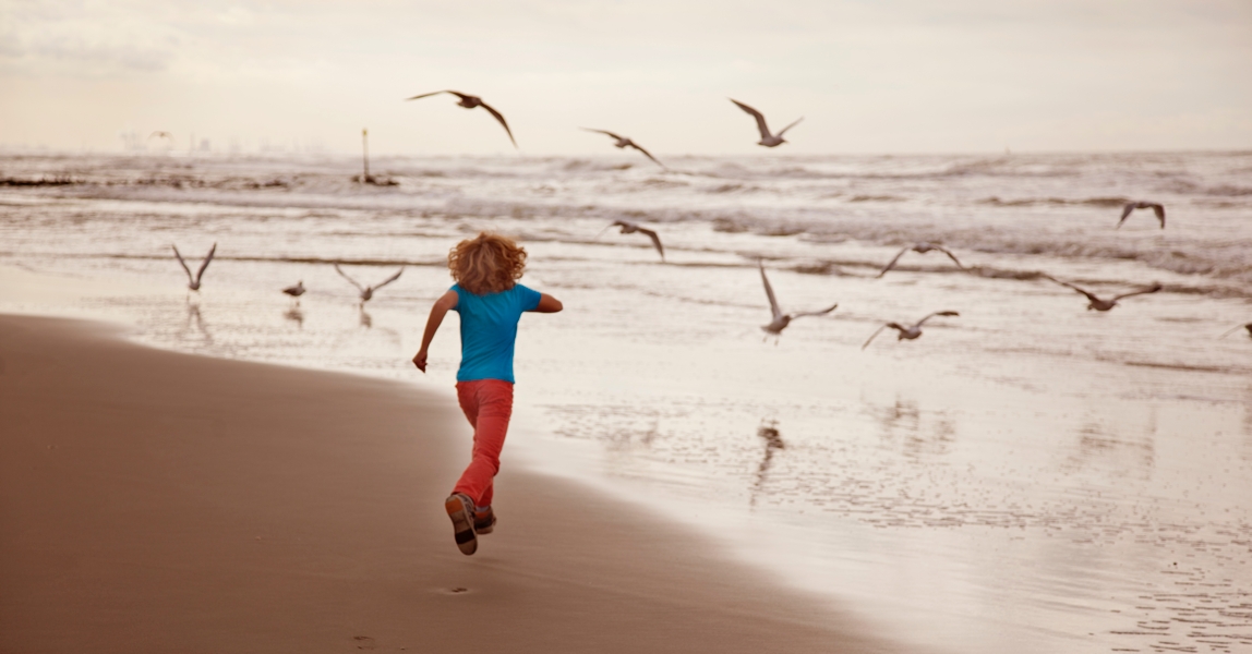 Jongen rent over het strand achter vogels aan